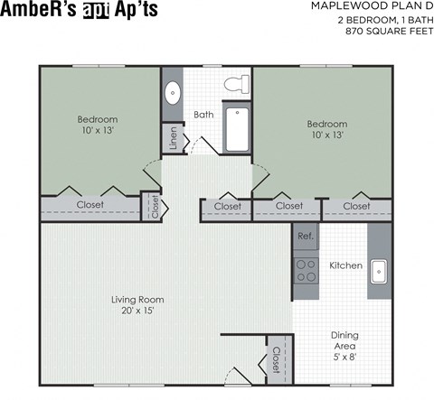 Floor plan for 2 beds, 1 bath, 868 sqft
